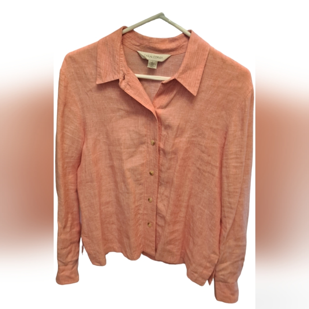 Casual Corner Women's Top Size Large Pink 100% Linen Long Sleeve Collared